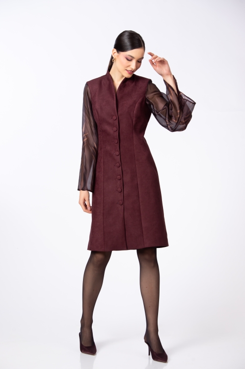 Rochie din catifea reiata cu maneci din organza imprimata - Img 3
