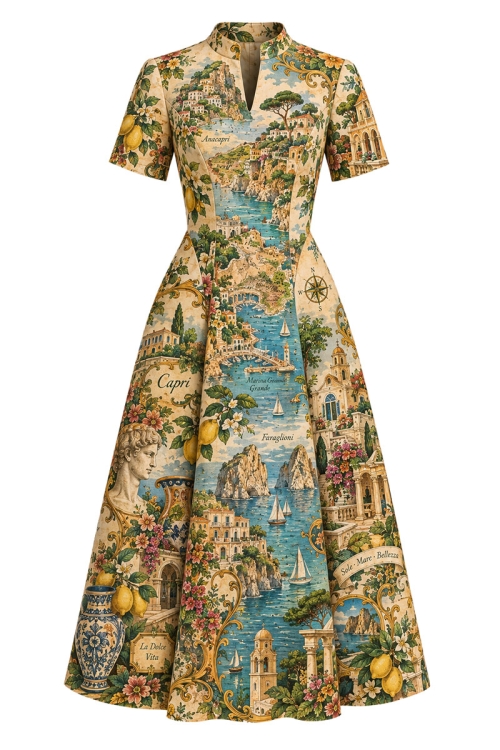Rochie din in clos cu guler inalt si decolteu in V Cartoline Capri