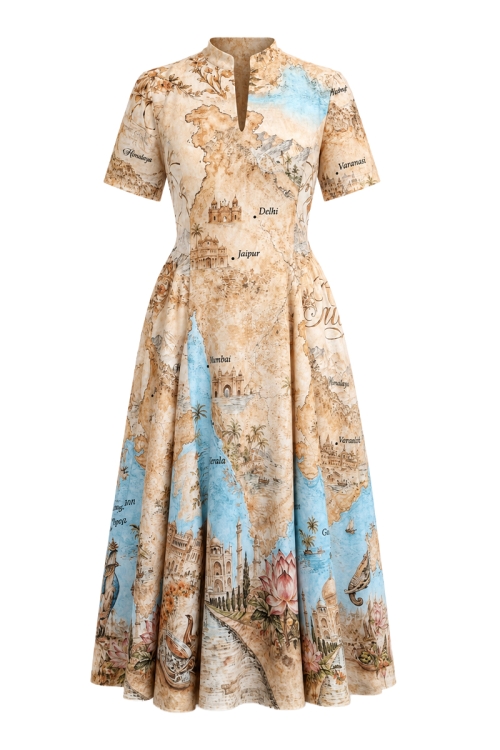 Rochie din in clos cu guler inalt si decolteu in V Cartoline India