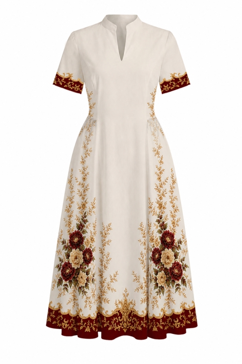 Rochie din in clos cu guler inalt si decolteu in V imprimata Royal Garden