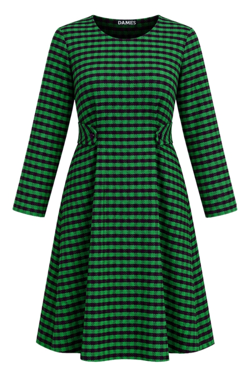 Rochie din stofa verde in patratele si talie reglabila