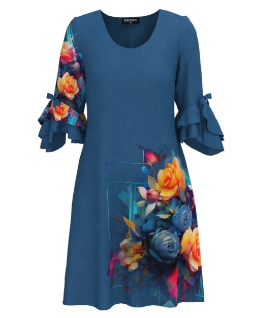Rochie eleganta albastra cu un imprimeu floral si maneci trei sferturi cu volane