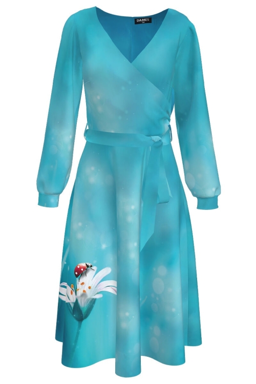 Rochie eleganta bleu cu maneca lunga imprimata Buburuza CMD2538 - Img 2