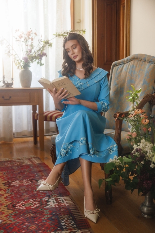 Rochie eleganta bleu imprimata floral in clini cu decolteu fronsat - Img 3