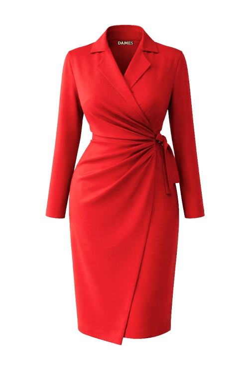 Rochie eleganta corai parte peste parte cu talie fronsata