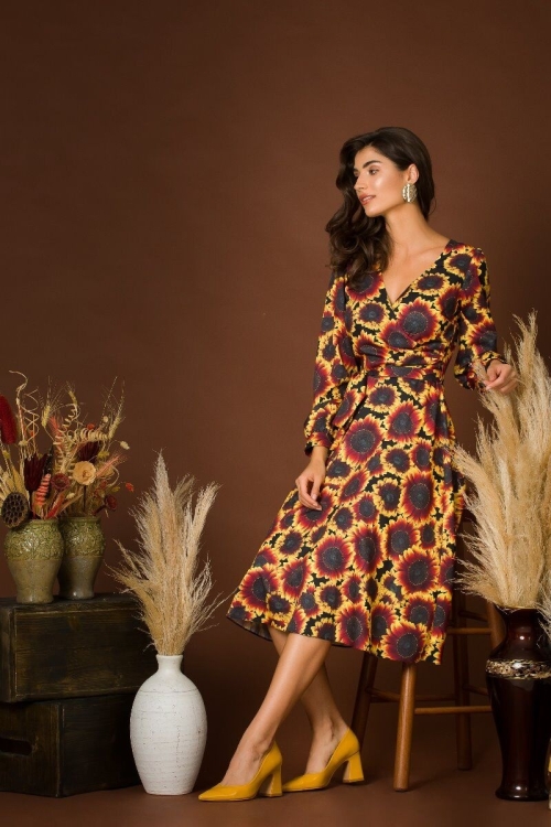 Rochie eleganta cu maneca lunga imprimata Floarea soarelui CMD219 - Img 7