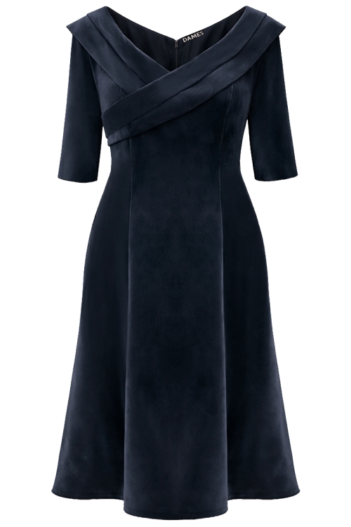 Rochie eleganta din catifea bleumarin inchis cu decolteu fronsat