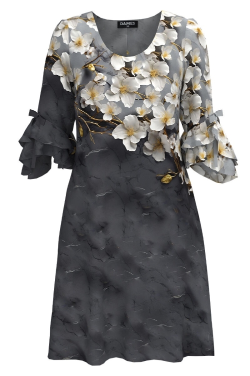 Rochie eleganta in nuante de gri cu maneci trei sferturi cu volane CMD4772