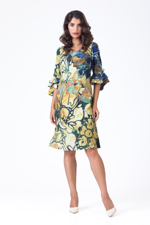 Rochie eleganta multicolora cu maneci trei sferturi decorate cu volane AW24 Stoc - Img 2