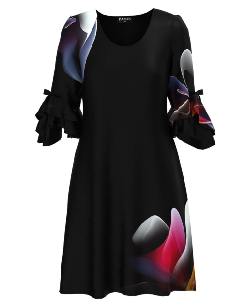 Rochie eleganta neagra cu imprimeu multicolor si maneci trei sferturi cu volane