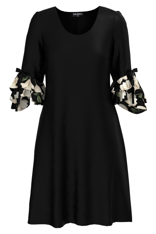Rochie eleganta negra cu maneci trei sferturi decorate cu volane