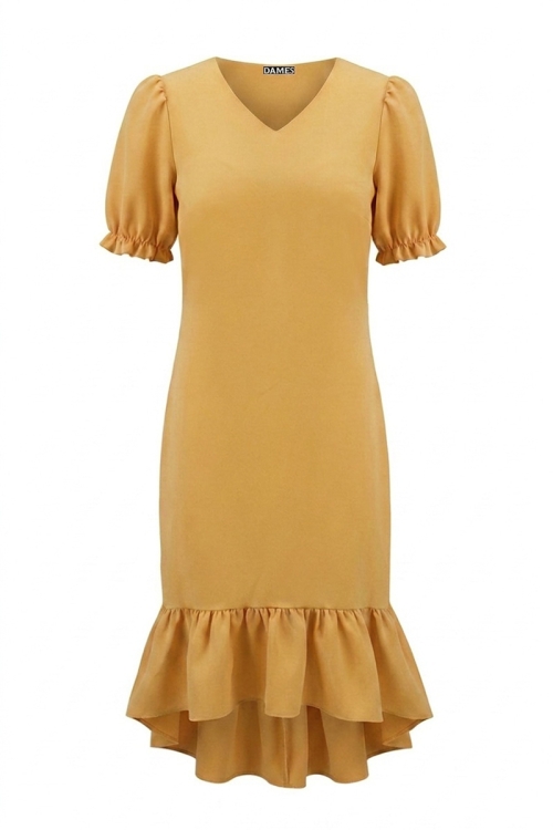 Rochie eleganta ocru cu volan asimetric la terminatie