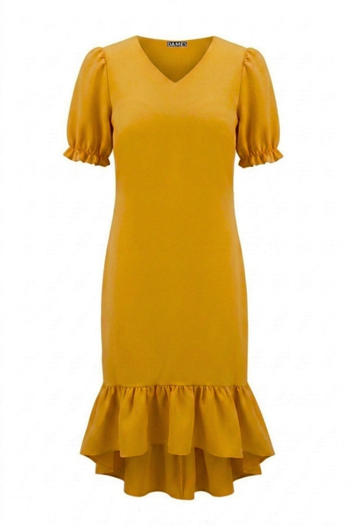 Rochie eleganta ocru cu volan asimetric la terminatie