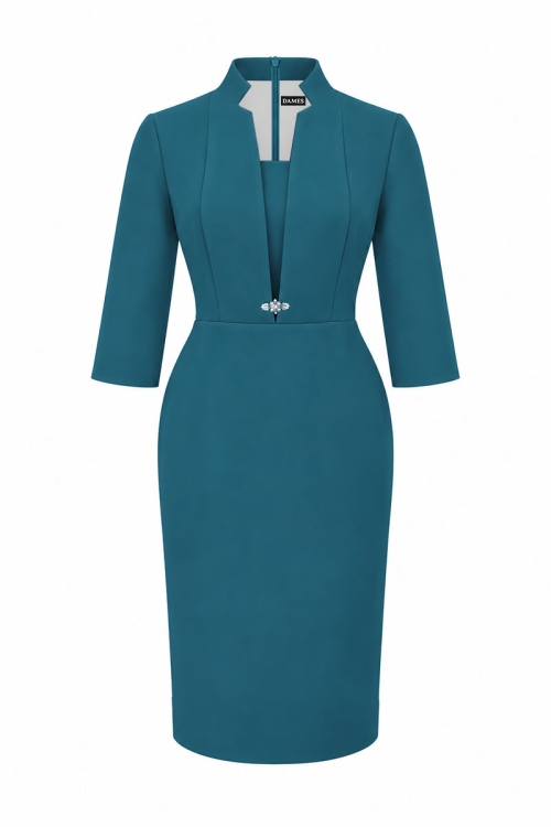 Rochie eleganta turcoaz cu rever si decolteu in V