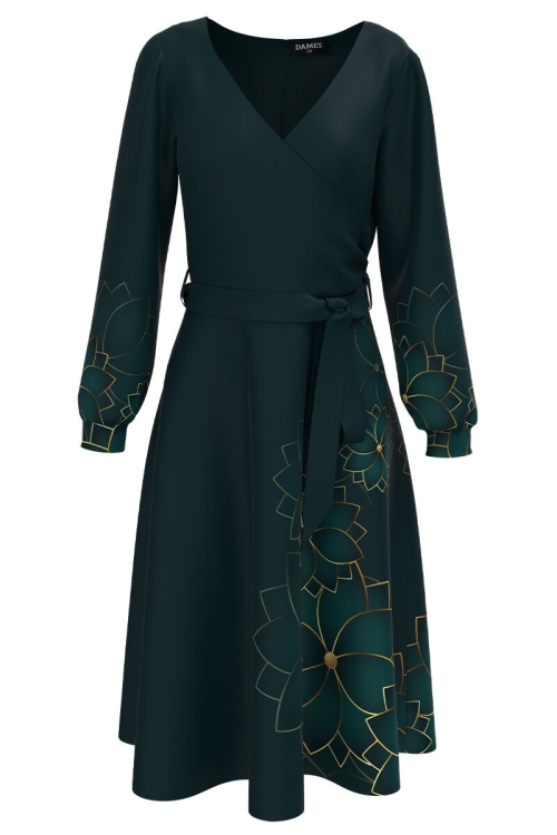 Rochie eleganta verde cu maneca lunga imprimata cu model Floral CMD2040 - Img 2