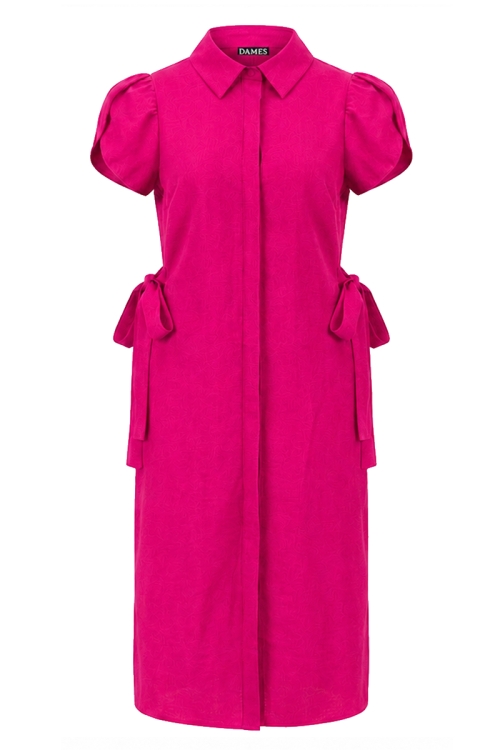 Rochie fucsia tip camasa din vascoza cu cordoane laterale