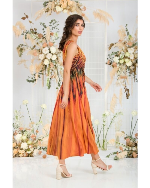 Rochie lunga casual de vara cu buzunare imprimata in nuante de ocru CMD797 - Img 9