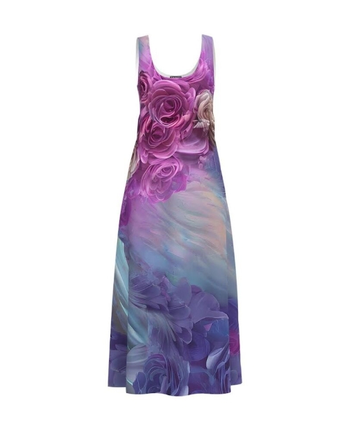 Rochie lunga casual de vara cu buzunare imprimata multicolor