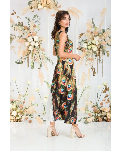 Rochie lunga casual de vara cu buzunare, multicolora imprimata cu model paun CMD805 - Img 9