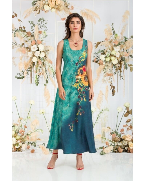 Rochie lunga casual de vara cu buzunare,verde imprimata cu model Floarea soarelui CMD802 - Img 1