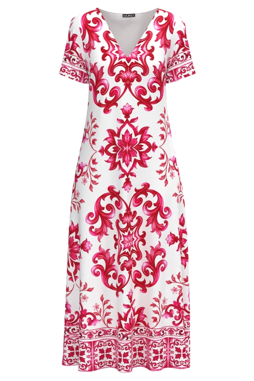 Rochie lunga de vara cu buzunare imprimata cu model floral oriental rosu