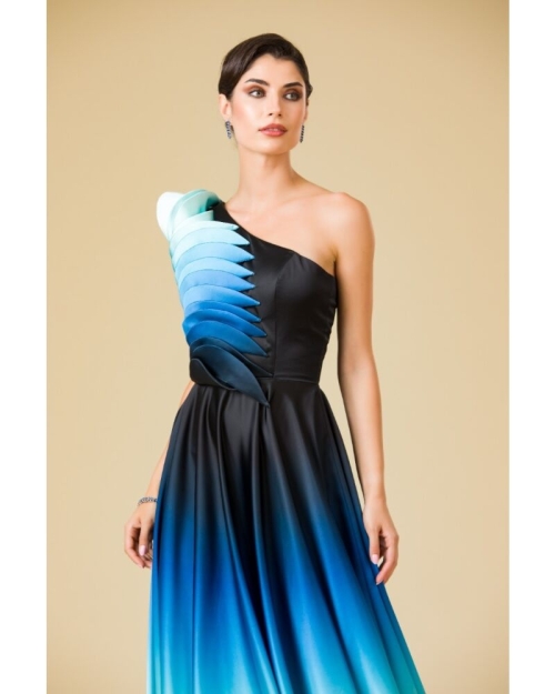 Rochie lunga eleganta din satin imprimat albastru in degrade cu detalii pe bust - Img 6