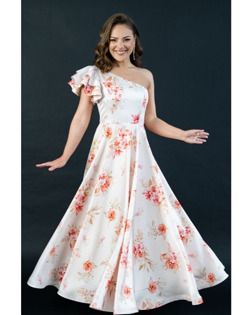 Rochie lunga eleganta din satin imprimat cu detaliu pe umar CMD4246 - Img 2