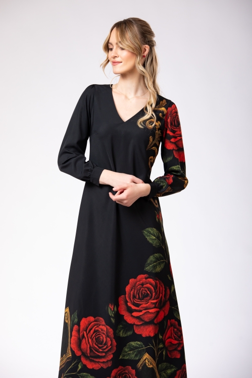 Rochie lunga imprimata Noir Rose - Img 3
