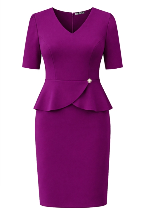 Rochie magenta conica cu decolteu in V si volane in talie