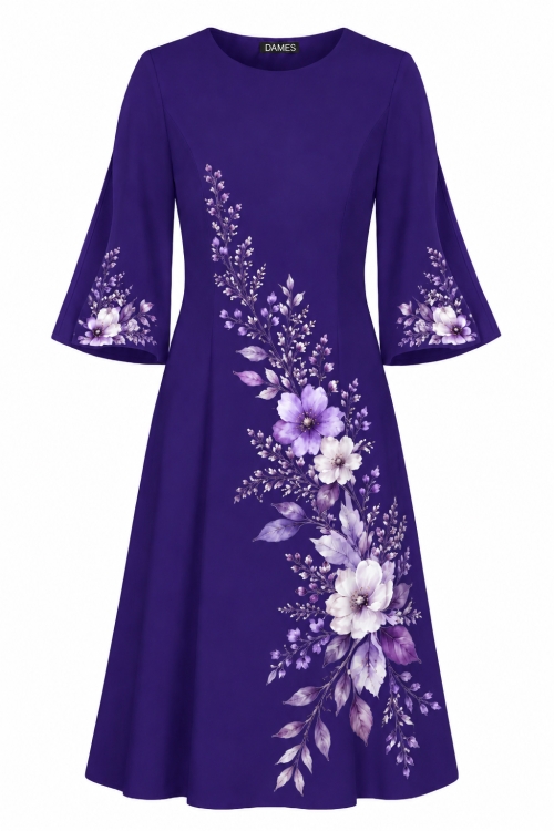 Rochie mov cu maneci despicate imprimata flori de lavanda