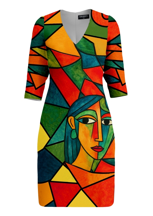 Rochie multicolora casual cu decolteu in V imprimata Picassela