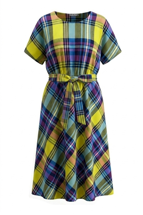 Rochie multicolora din vascoza in carouri cu cordon si buzunare