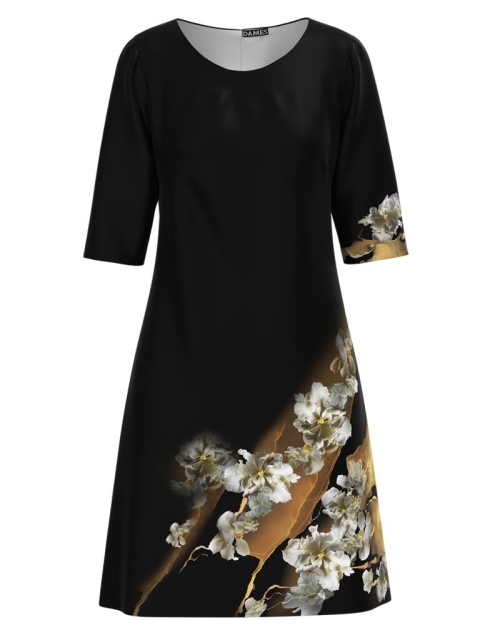 Rochie neagra casual cu maneca imprimata digital cu model floral CMD1093