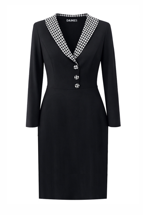 Rochie neagra cu guler sal si nasturi in contrast