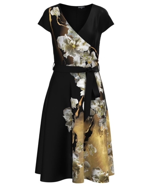 Rochie neagra de vara cu maneca scurta imprimata cu model floral