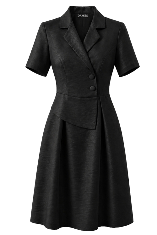 Rochie neagra din vascoza cu peplum si guler tip sacou