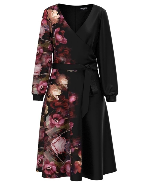 Rochie neagra eleganta cu maneca lunga imprimata cu model floral