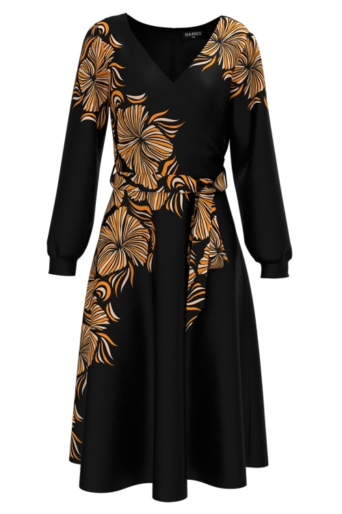 Rochie neagra eleganta cu maneca lunga imprimata floral in contrast