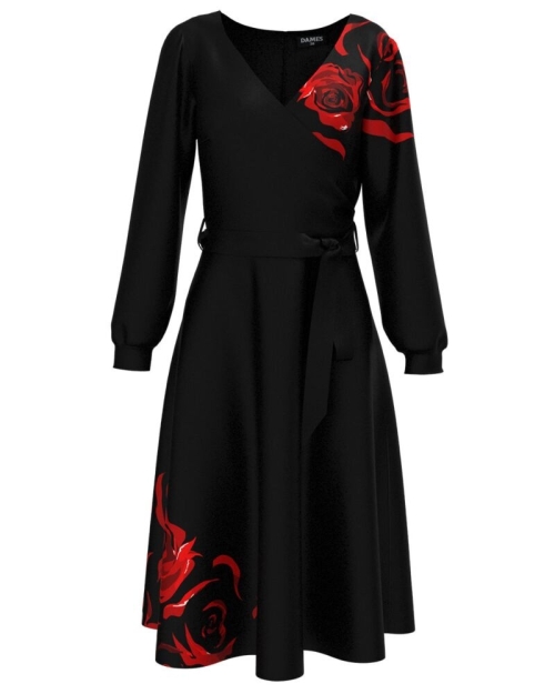 Rochie neagra eleganta cu maneca lunga imprimata trandafiri