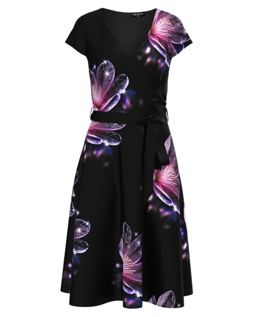 Rochie neagra eleganta de vara cu maneca scurta imprimata floral