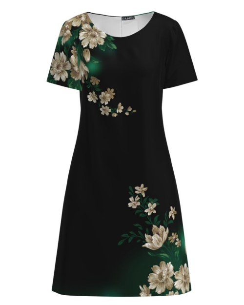 Rochie neagra evazata imprimata cu model Floral CMD2684