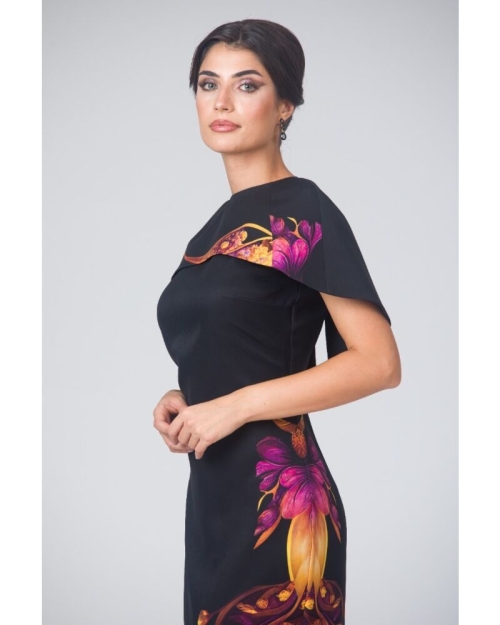 Rochie neagra lunga cu capa detasabila imprimata floral CMD4860 - Img 7