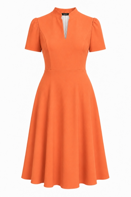 Rochie oranj clos cu guler tunica decolteu in V si buzunare
