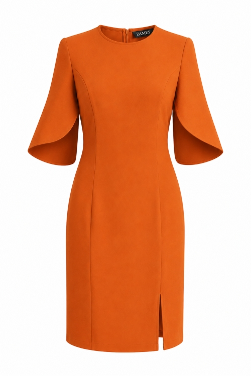 Rochie oranj eleganta cu maneci asimetrice si slit pe picior