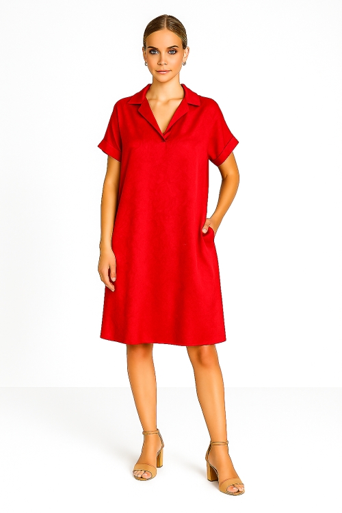 Rochie rosie casual cu buzunare din vascoza cu insertii florale satinate