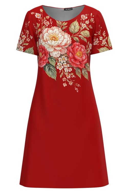 Rochie rosie casual evazata imprimata floral
