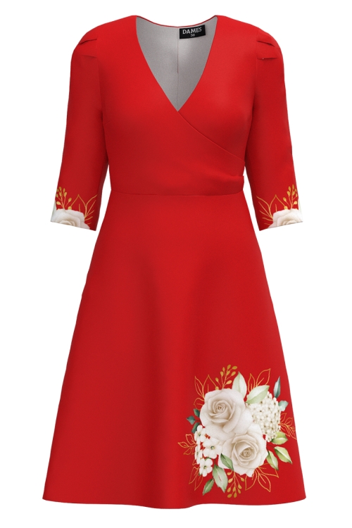 Rochie rosie eleganta cu bust petrecut imprimata trandafiri SS25