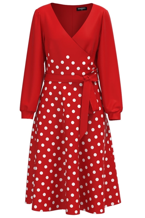 Rochie rosie eleganta cu maneca lunga imprimata buline CMD1813 - Img 2
