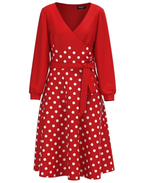 Rochie rosie eleganta cu maneca lunga imprimata buline CMD1813 - Img 1