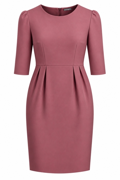Rochie roz antic cu pliuri in talie si buzunare